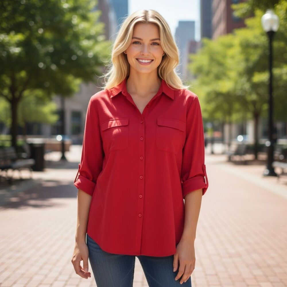 Talbots Womens Red Button Down Shirt Size Large Long Sleeve Solid Workwear